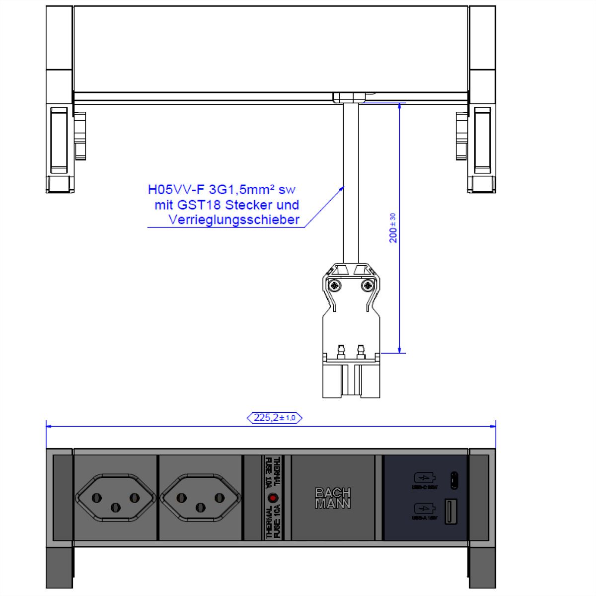 BACHMANN DESK2 2xCH 90° 1xUSB A/C 22W, 0.2m GST18 RAL9005 Switzerland