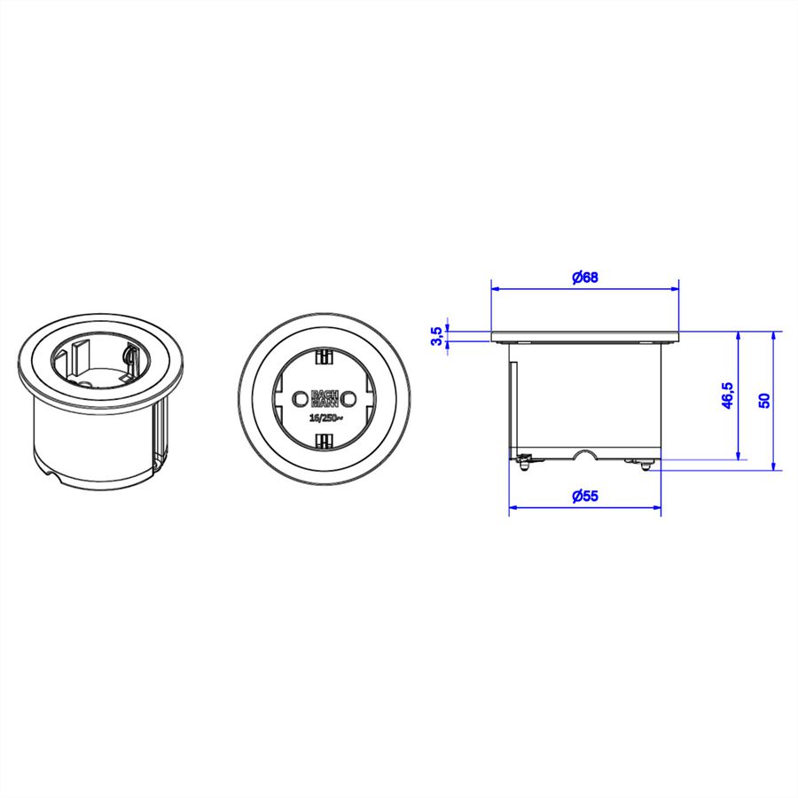 BACHMANN PIX 1x earthing contact, with earthing contact and decorative rings in white, black and stainless steel look, 2 m