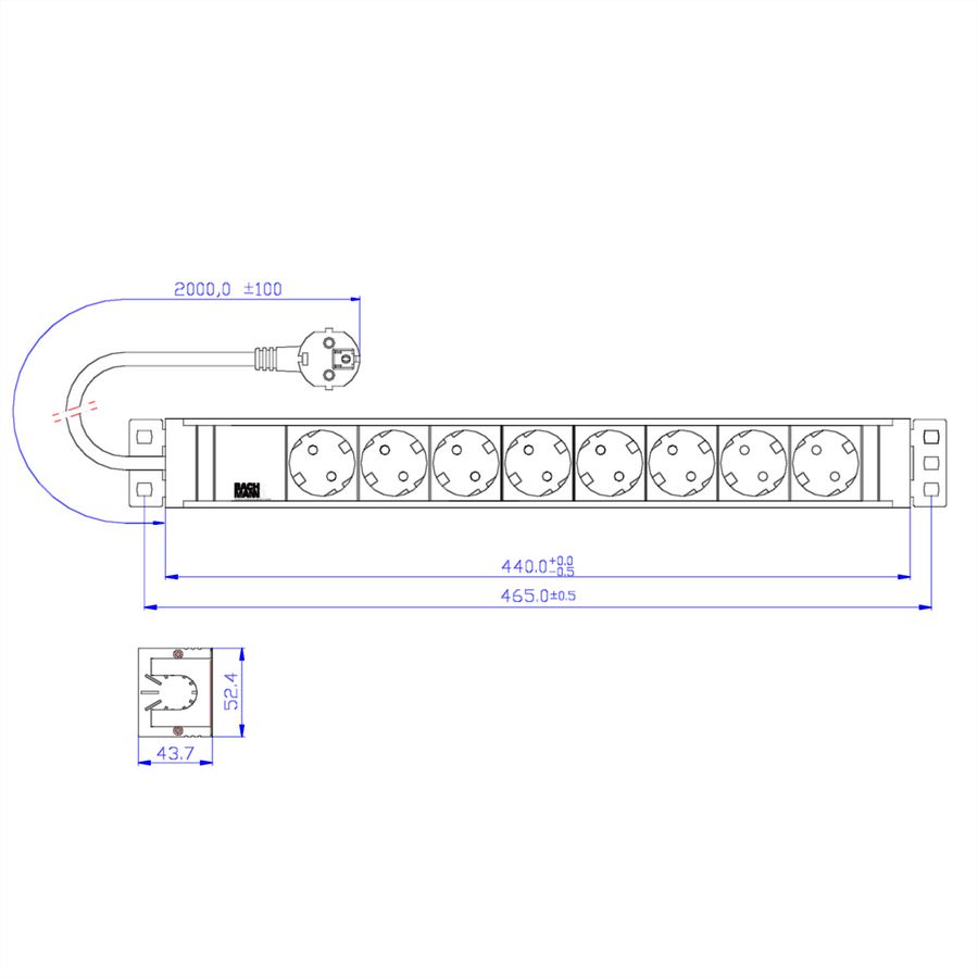 BACHMANN 19'' PVC 8x socket strip with earthing contact, 2.0m earthing contact plug