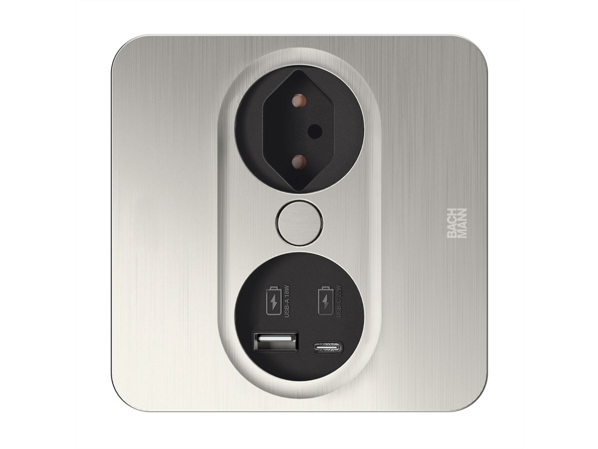 BACHMANN TWIST2 1xCH 1xUSB A/C 22W, L=2.0m AEH T12 stainless steel look square