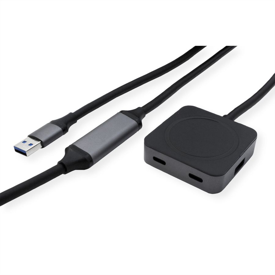 VALUE USB 3.2 Gen 1 Hub, 4 poorten (2x USB-A + 2x USB-C), met verlengkabel, zwart, 10 m