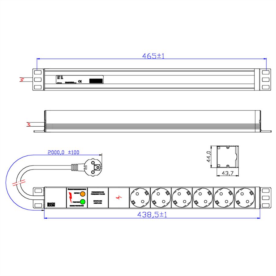BACHMANN 19" socket strip 6-way with GVS without switch