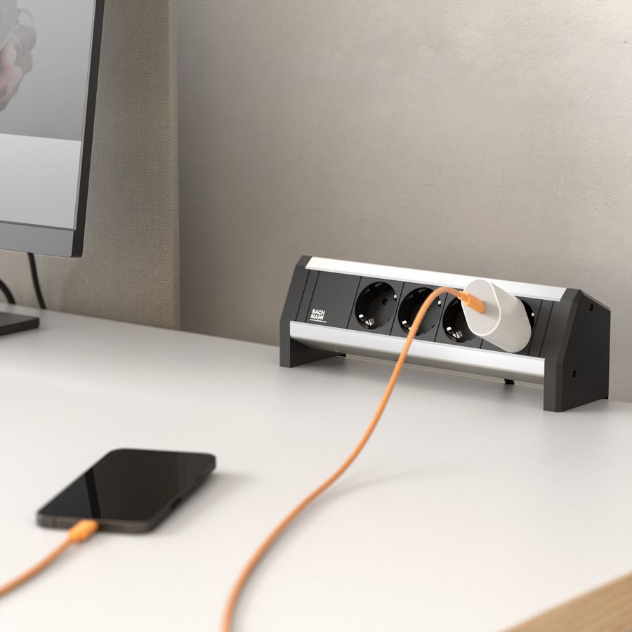 DESK 4x geaard contact met vaste aansluitkabel, zwart, 3 m