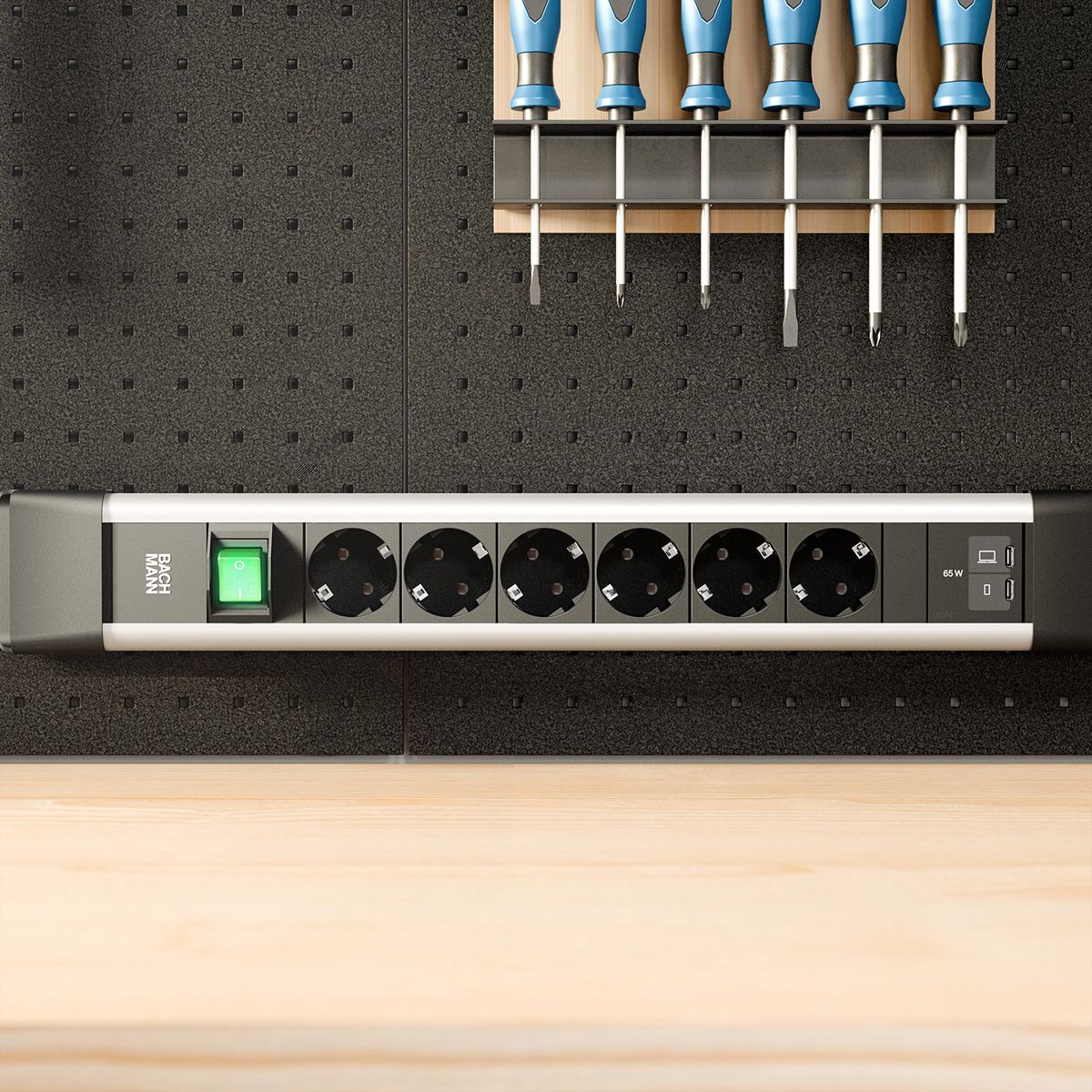 BACHMANN CONNECTUS 6xCEE7/3 1xSwitch, 1xUSB C/C 65W L=2.0m CEE7/7 grey