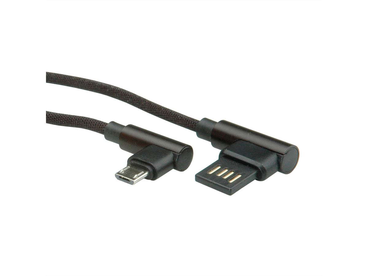 ROLINE USB 2.0 Kabel, A reversibel male  - Micro B (90° hoekig) male, zwart, 0,8 m