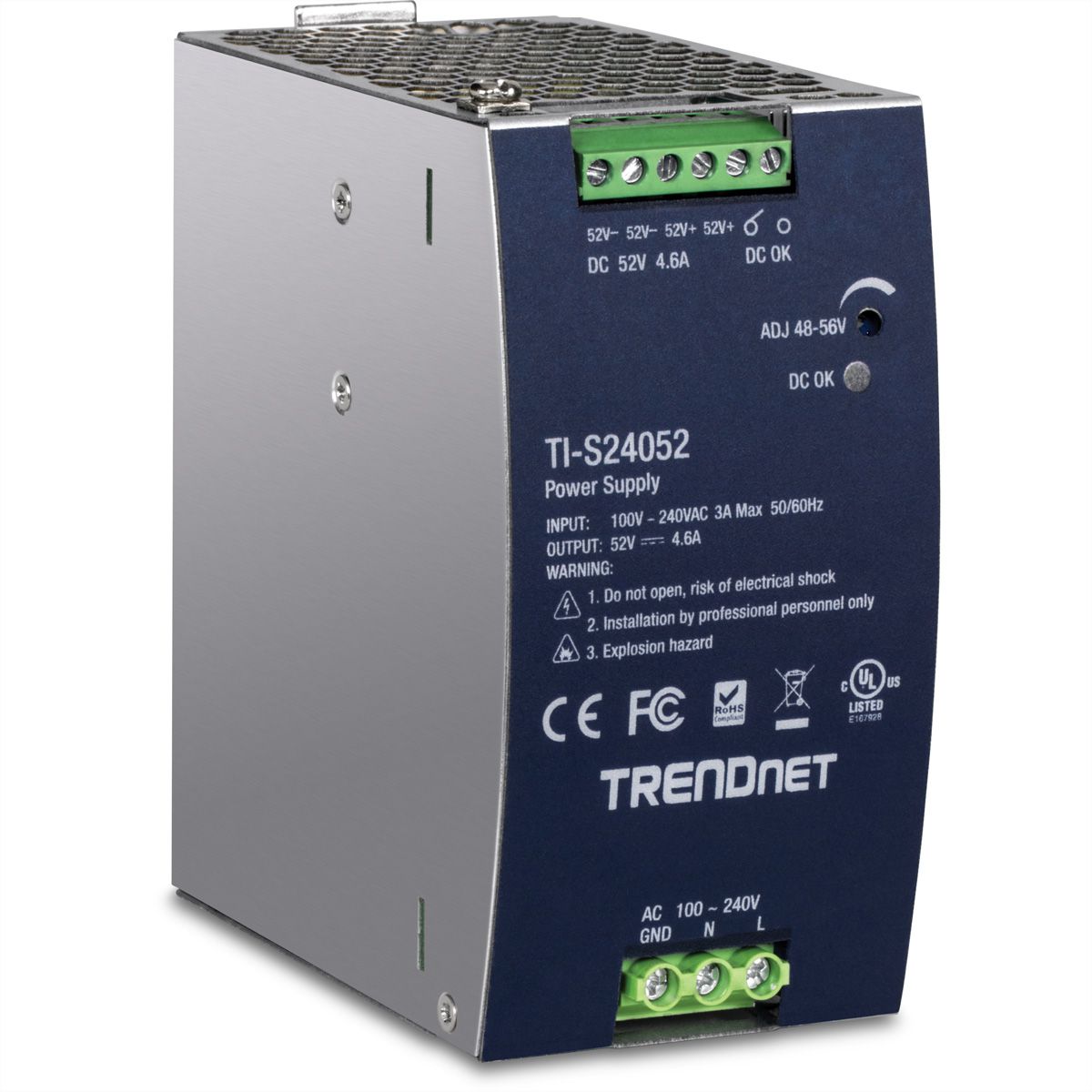 TRENDnet TI-S24052 DIN-Rail Voeding, 240 W, 52 V DC, 4,61 A AC naar DC met PFC