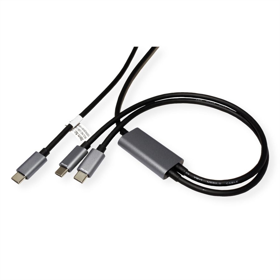 ROLINE USB type C split oplaadkabel, USB-C - 2x USB-C, M/M, max. 100W, zwart, 1,85 m