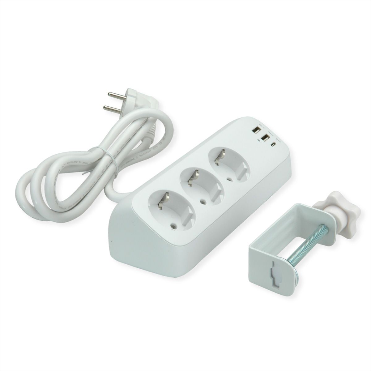 VALUE tafelstekkerdoos, 3-voudig met schakelaar, incl. 3x USB (2x A, 1x C), met tafelklem , 1,5 m