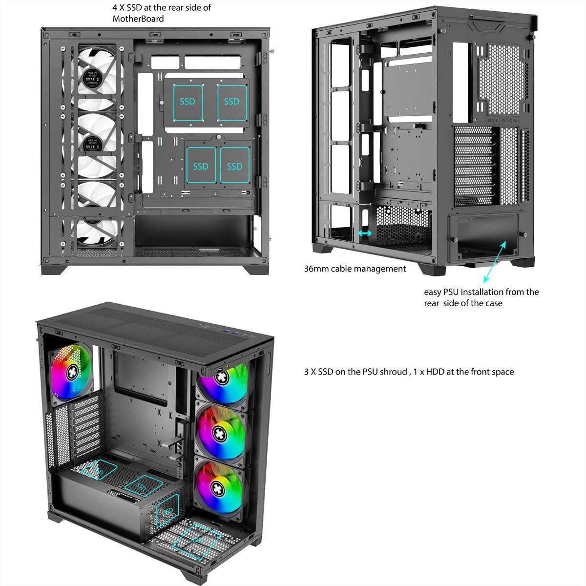 XILENCE Xilent Gleam X818.ARGB Gaming ATX PC-behuizing zwart, RGB ATX Midi Tower