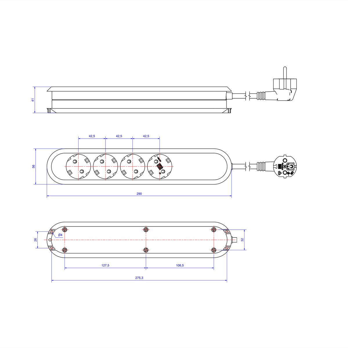 BACHMANN SMART socket strip 4x earthing contact, switch, white, 1.5 m