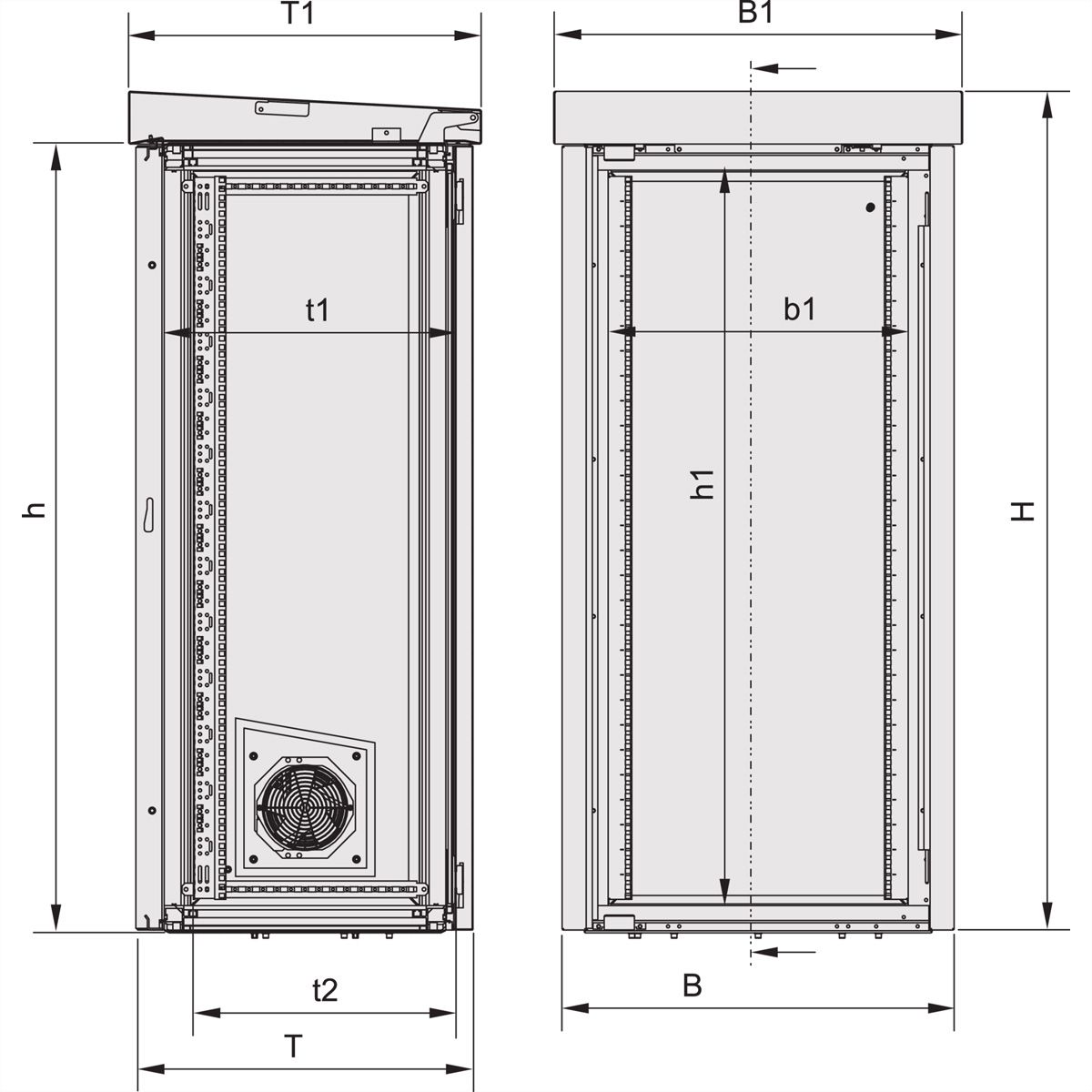 SCHROFF modulaire buitenluchtkast met dubbele deur, ventilator, 1330H 1300W 600D