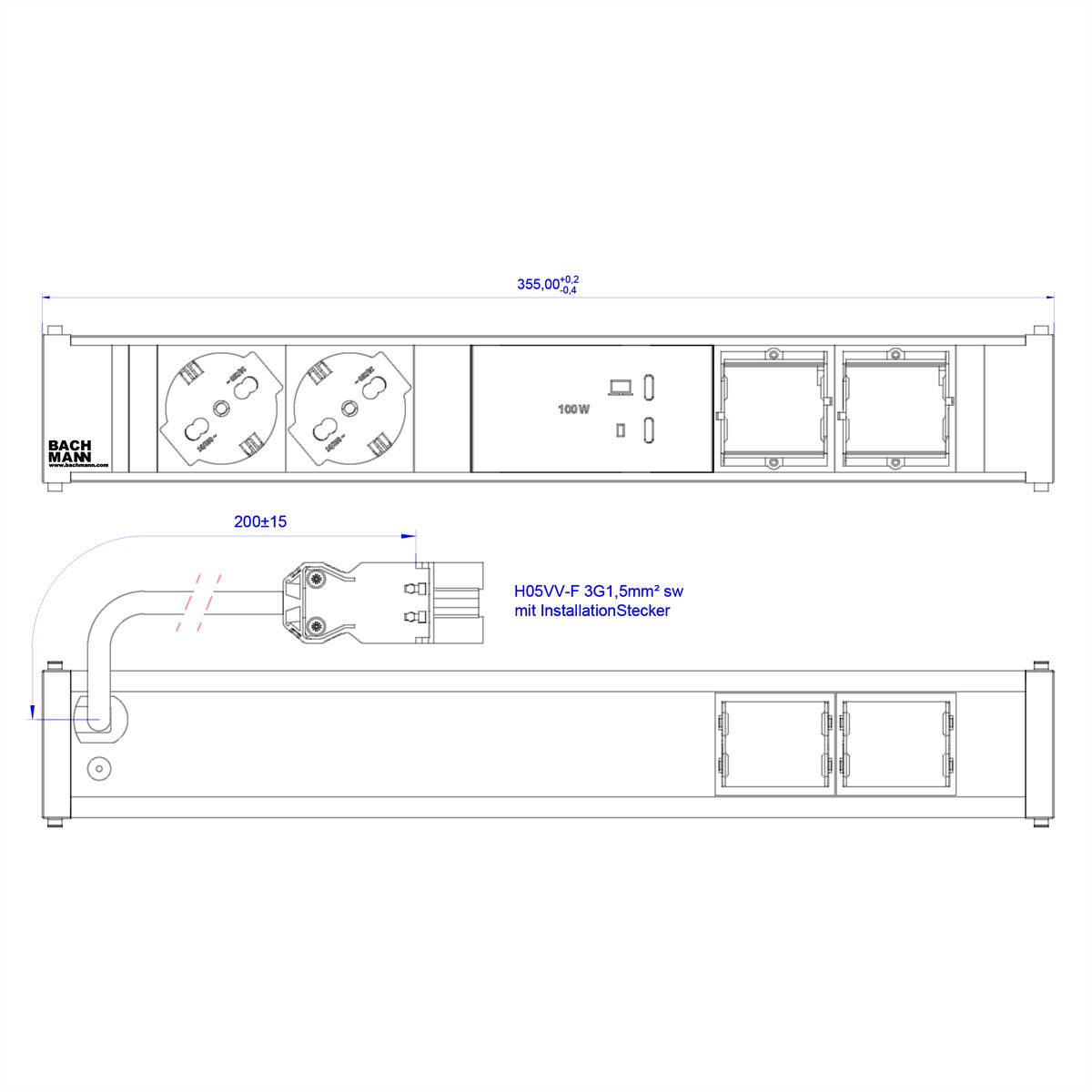 BACHMANN CONI 2xP40 1xUSB C/C 100W, 2xCM L=0.2m