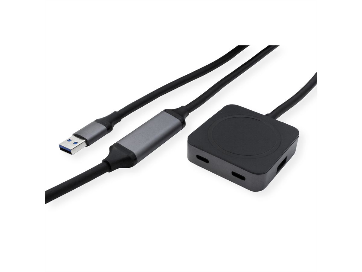 VALUE USB 3.2 Gen 1 Hub, 4 poorten (2x USB-A + 2x USB-C), met verlengkabel, zwart, 10 m