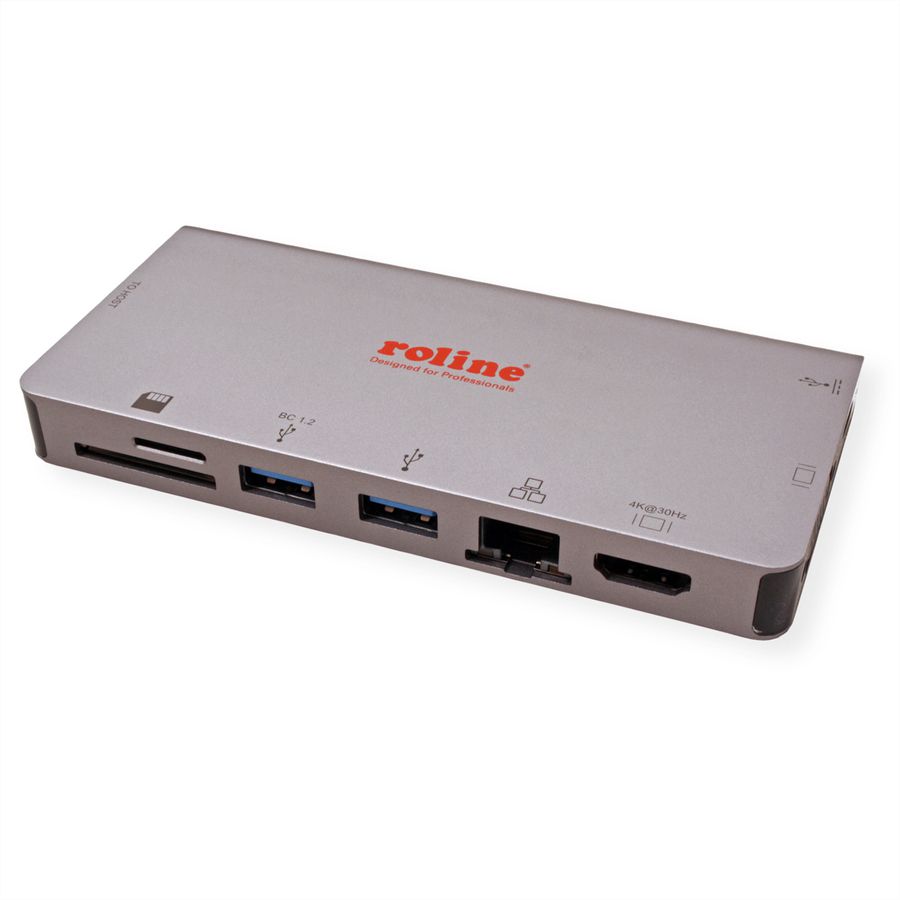 ROLINE USB Type C docking station, HDMI 4K, VGA, 2x USB 3.2 Gen 1, LAN, PD, kaartlezer