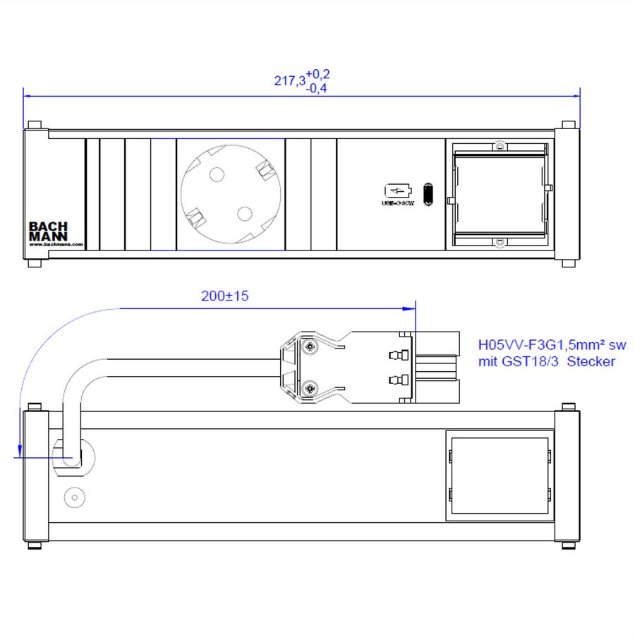 BACHMANN CONI 1xCEE7/3 1xUSB C 30W, earthing contact GST18 plug