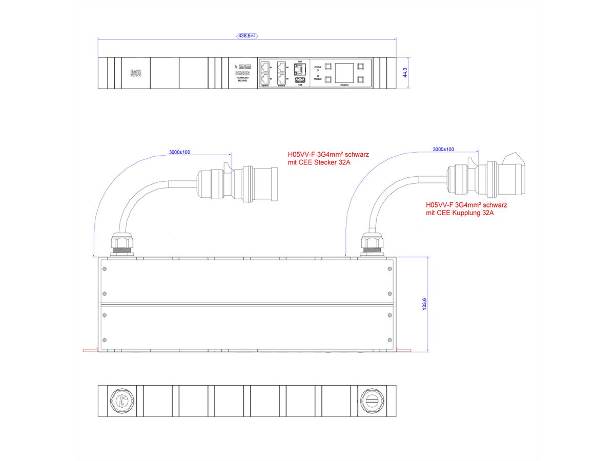 BACHMANN BN3000-XXL RCM, 3m 3G4mm CEE32A, Meting per fase, diff meting