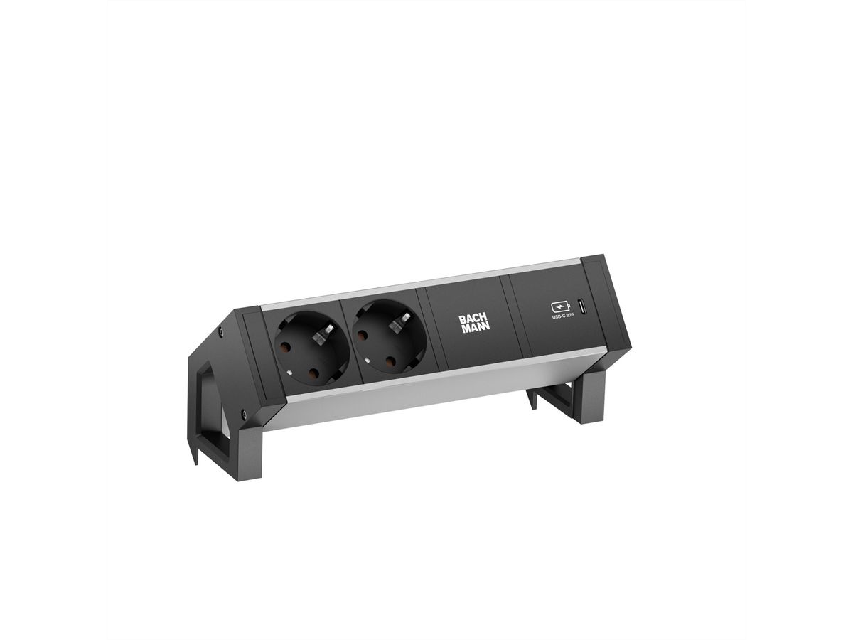 BACHMANN DESK2 ALU BLACK 2xprotective contact USB C, USB Charger 30W 0.2m GST18
