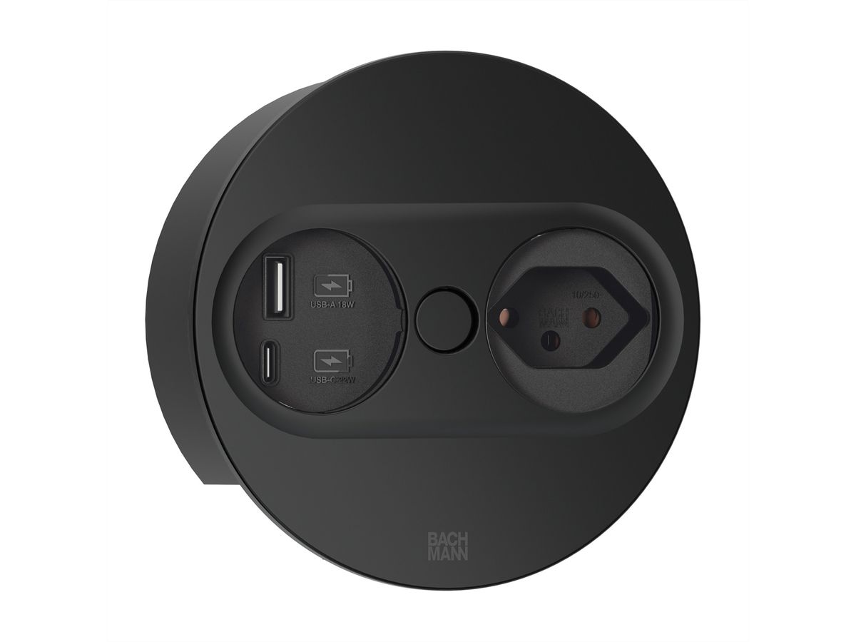 BACHMANN TWIST2 1xCH 1xUSB A/C 22W, L=0,2m RAL9005 30GE rund