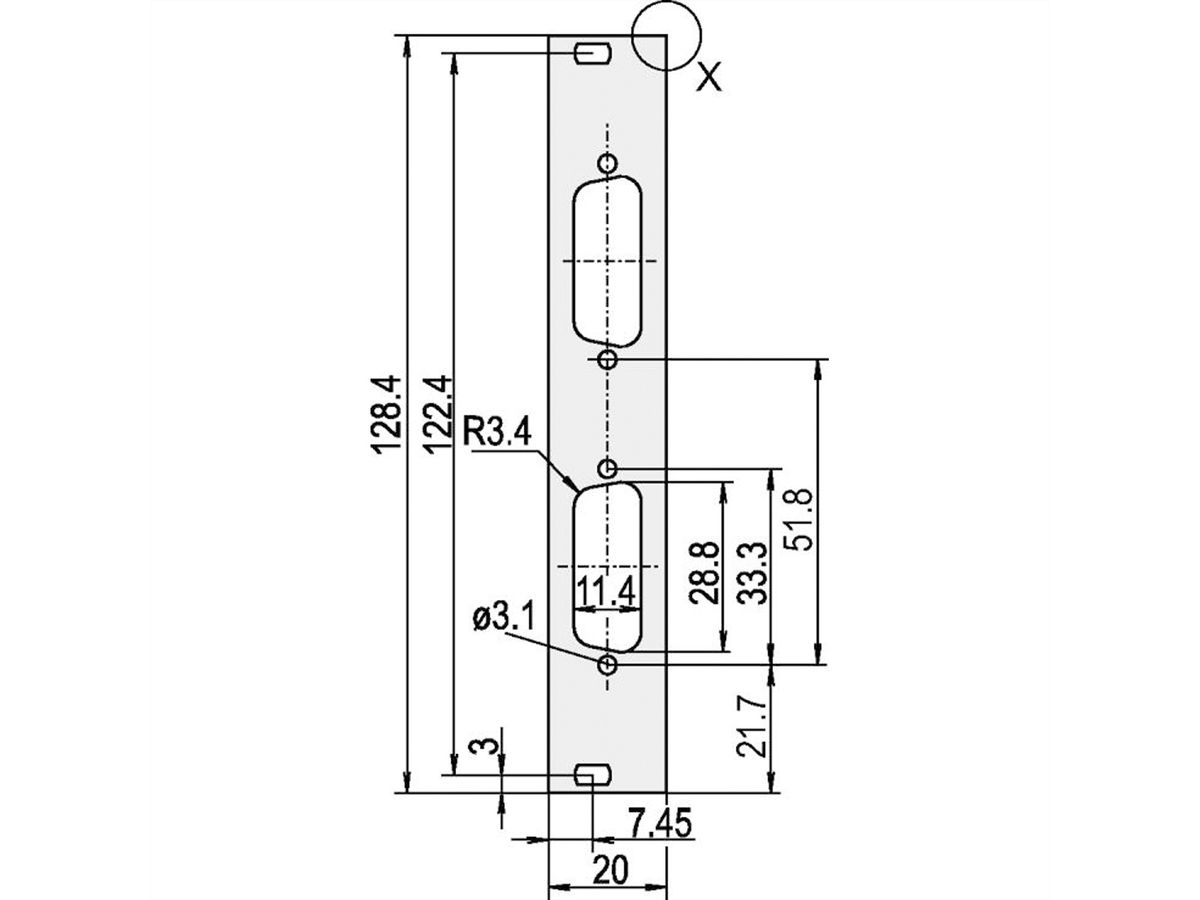 SCHROFF U-profile Front Panel, Shieldable, D-Sub Cutout, 3 U, 4 HP, 2 x 15 Pin, 2.5 mm, Al, Front Anodized, Rear Conductive