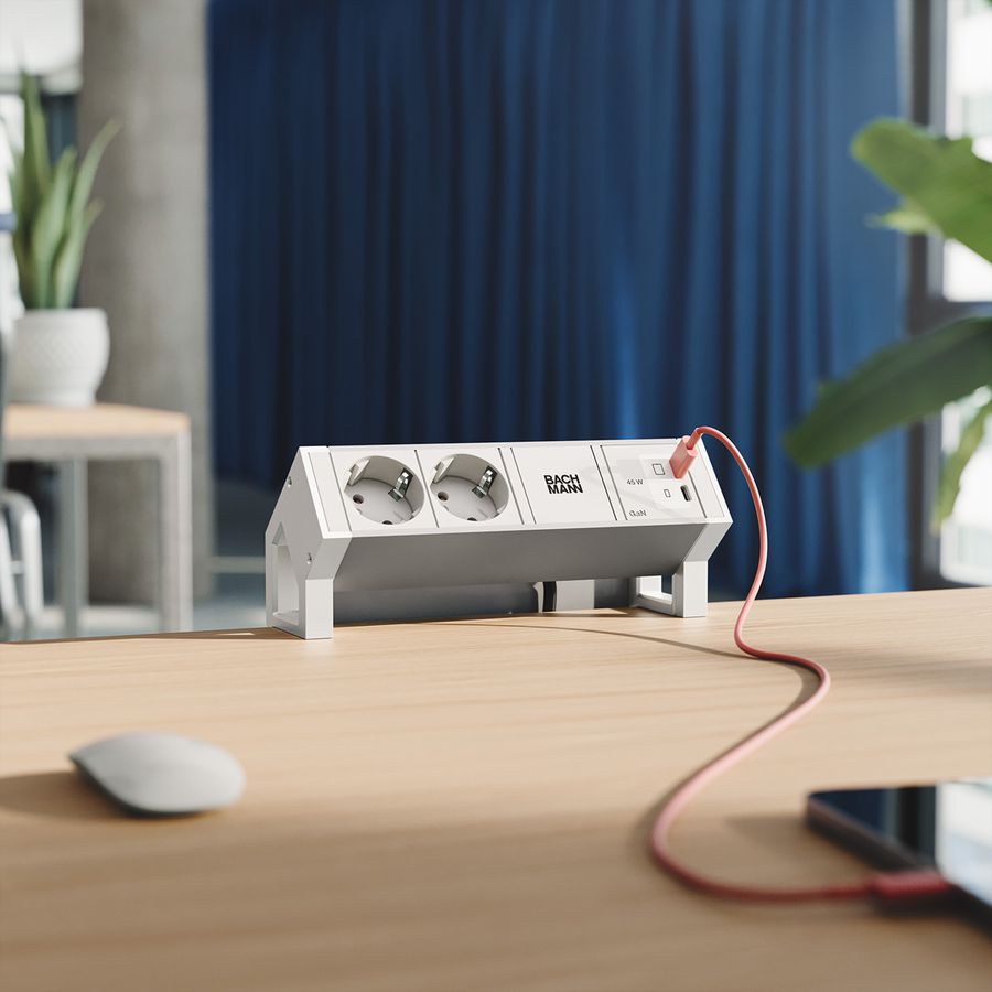 BACHMANN DESK2 ALU WHITE 2xCEE7/3, 1xUSB C/C 45W L=0.2m RAL9010