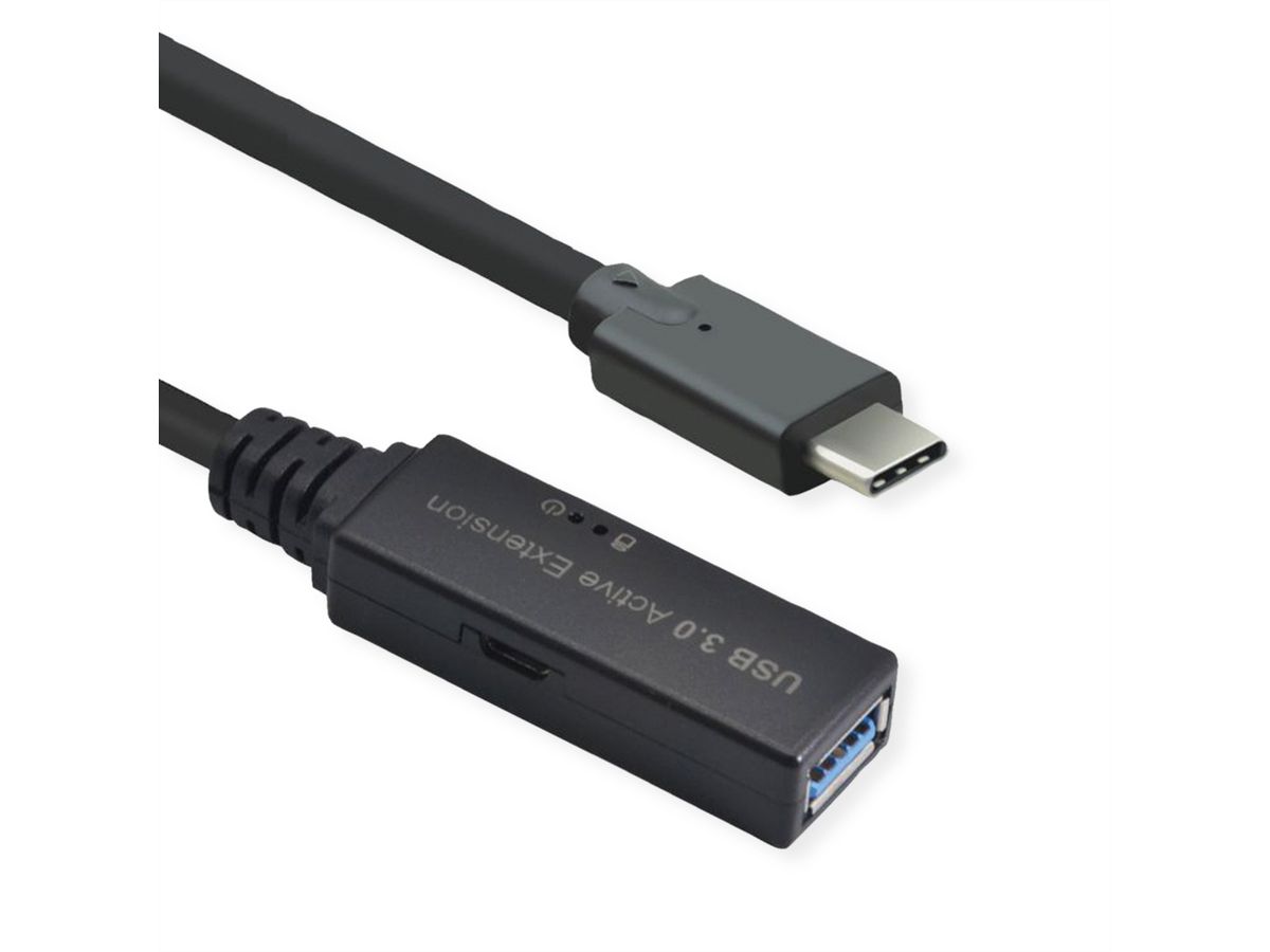 ROLINE USB 3.2 Gen 1 Actieve Repeater kabel, Type A - C, zwart, 10 m