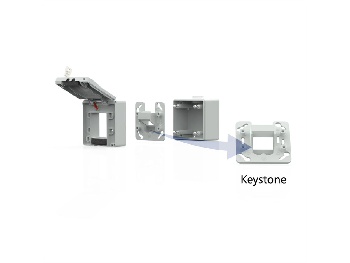 METZ CONNECT IP44 surface-mounted module housing, hinged cover & lock, 2 port unequipped for Keystone, grey