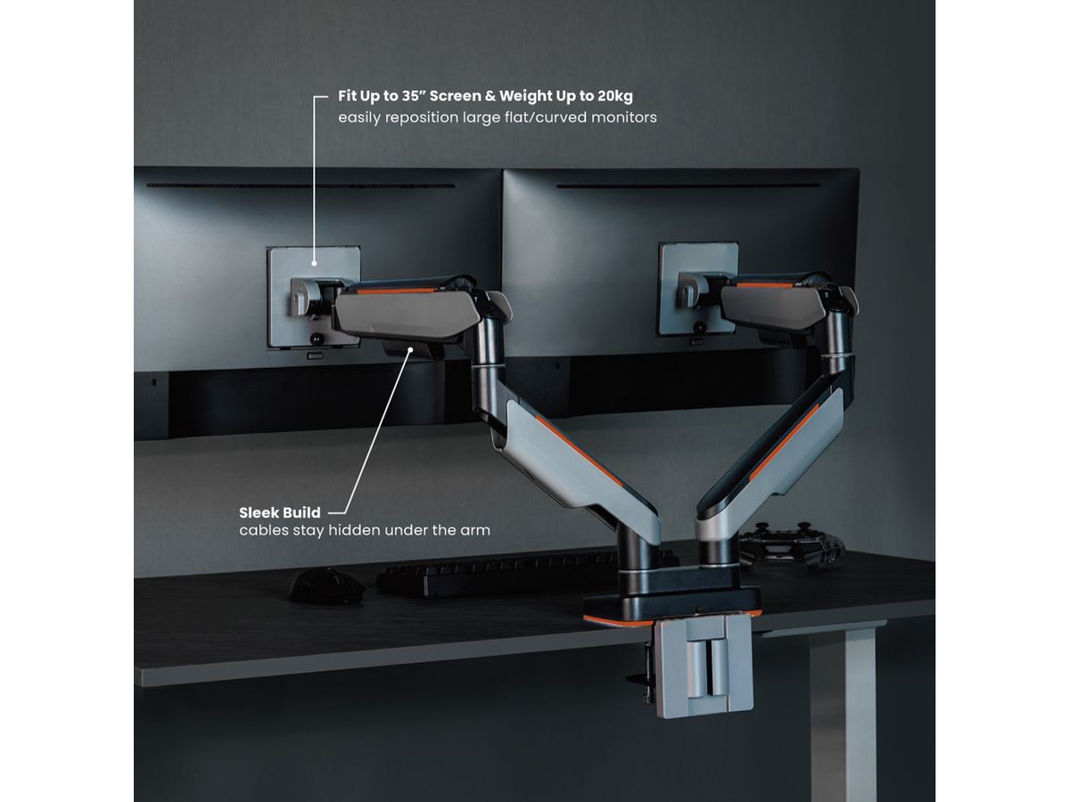 ROLINE DualLCD Monitor Stand, Gas Spring, Desk Clamp, 2x < 88 cm (35"), Heavy Duty <= 20 kg, 5 Joints