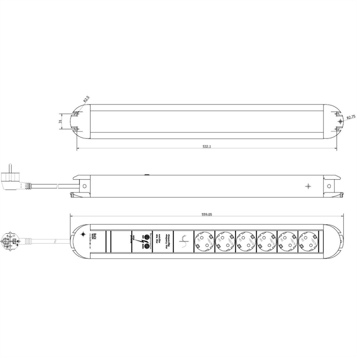 BACHMANN PRIMO socket strip 6x earthing contact aluminium full device protection, 1.75 m