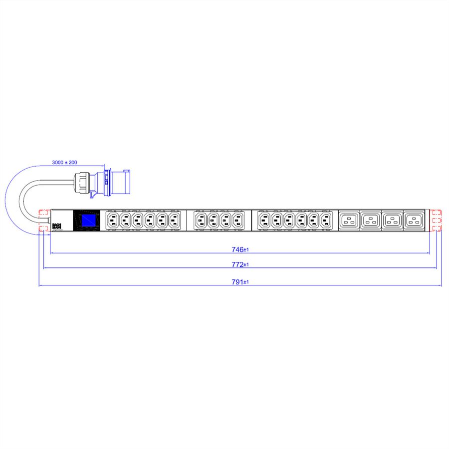 BACHMANN BN0500 19" PDU 1U 16xC13 4xC19, power measurement, CEE 16A connection, blue