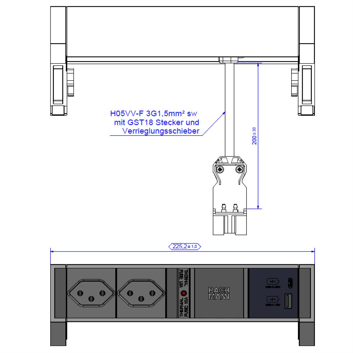 BACHMANN DESK2 2xCH 1xUSB A/C 22W, 0.2m GST18 RAL9010 Switzerland