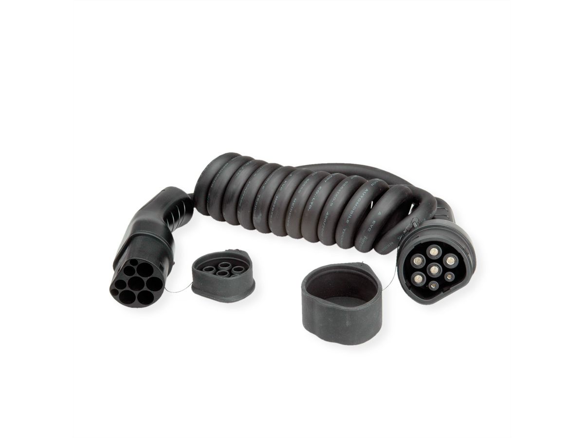 ROLINE Auto oplaadkabel Type2, 3-fase, 480VAC (3P+N+E), 16 A, 11 kW, spiraalkabel , 3 m