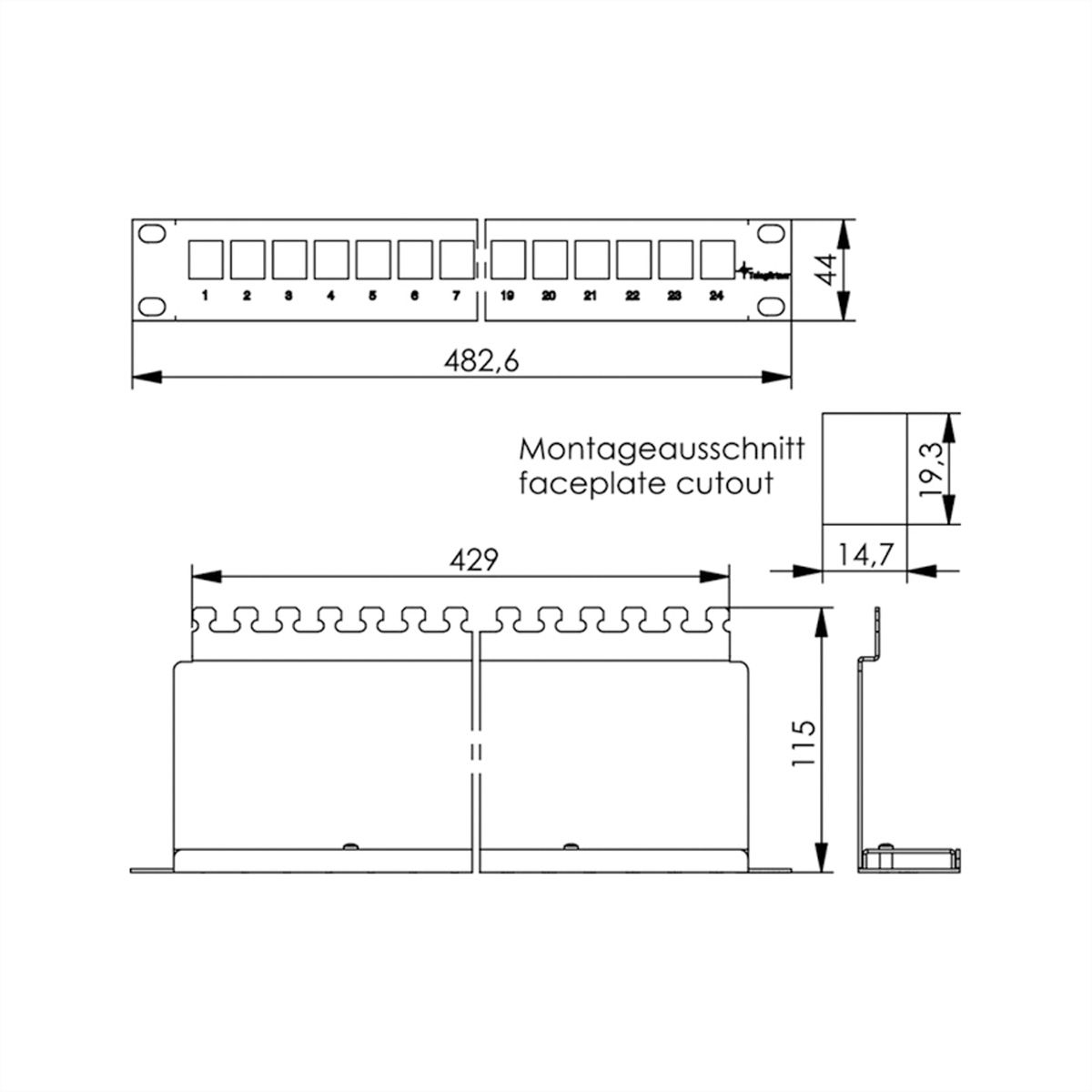 19" module patchpaneel 1 HE, met 24 AMJ-SL modules Cat. 6A (klasse EA) (ISO/IEC), grijs