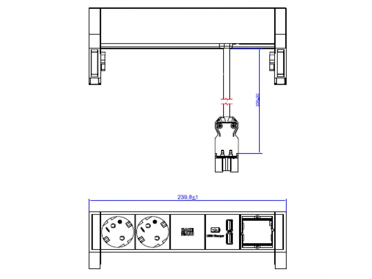 BACHMANN DESK2 ALU ZWART 2x geaard stopcontact, 1x USB oplader en 1x ABD GST18