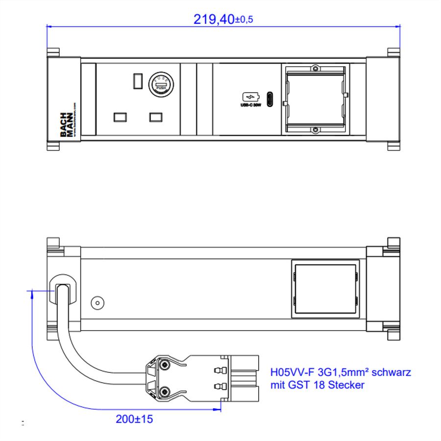 BACHMANN POWER FRAME S 1xUK 1xUSB C 30W, 1xCM 0.2m GST18 United Kingdom
