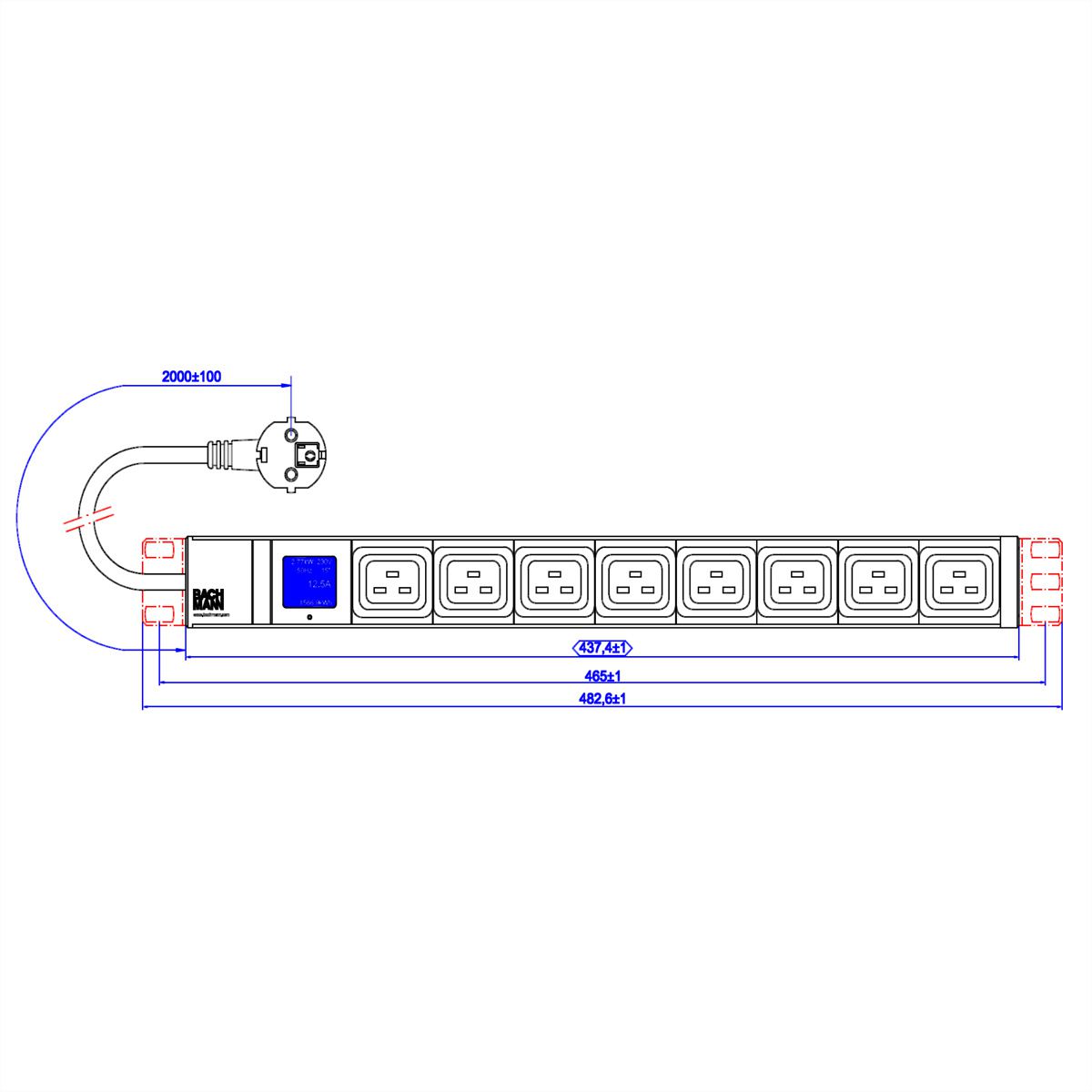 BACHMANN BN0500 19 inch 1U 8xC19, Power 2.0m CEE7/7