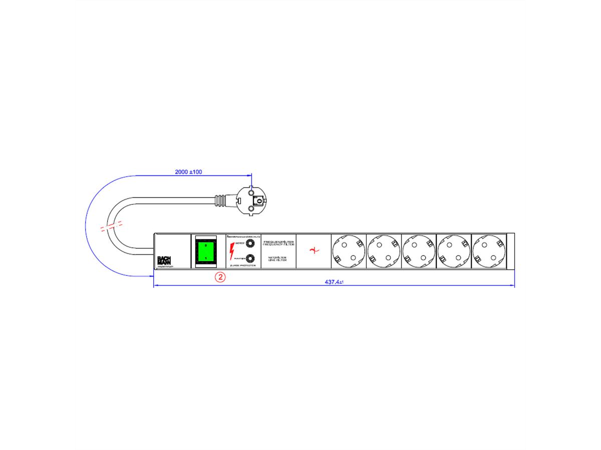 BACHMANN 19" socket strip 5-way with GVS with switch, black