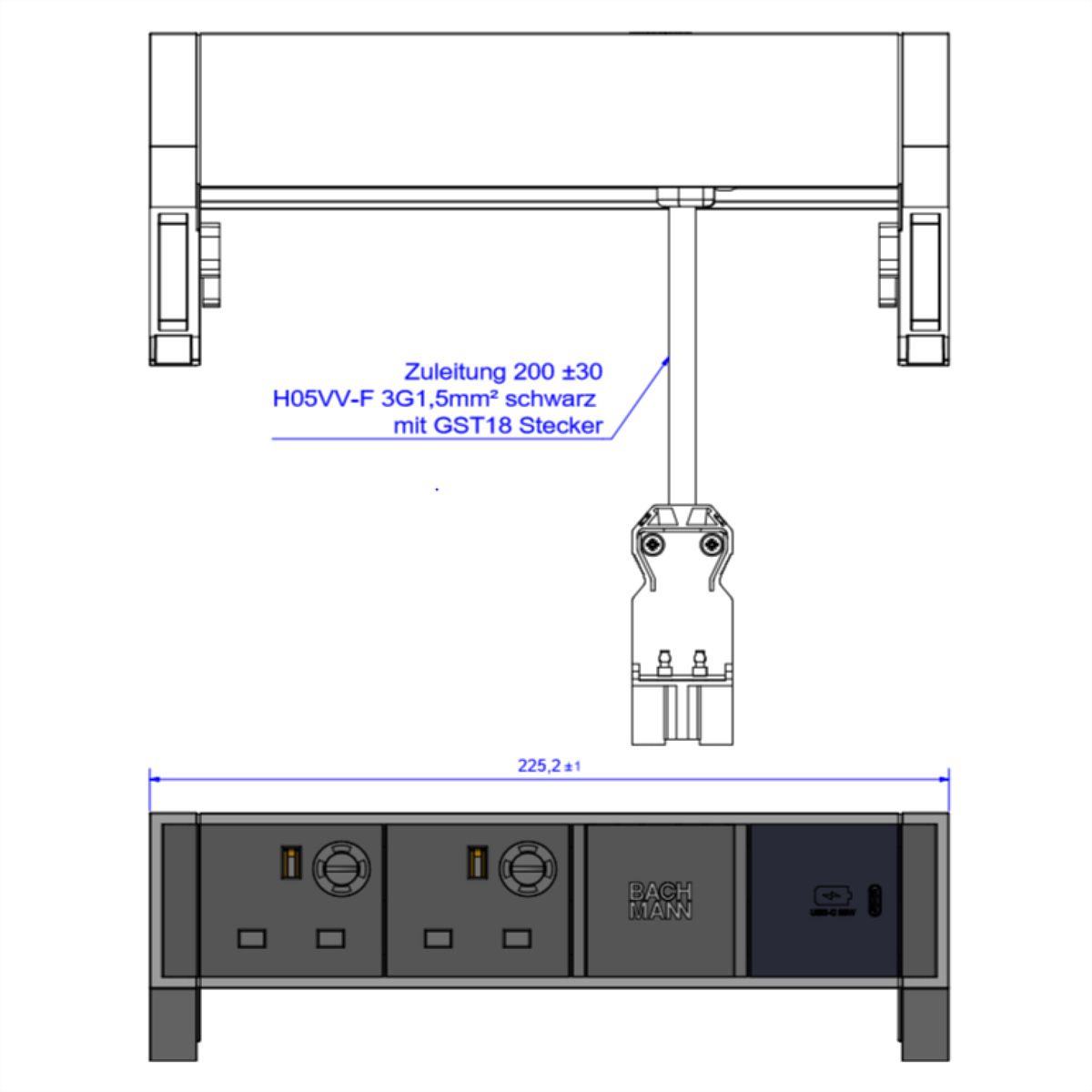 BACHMANN DESK2 2xUK 1xUSB C 30W, 0,2m GST18 INOX Verenigd Koninkrijk