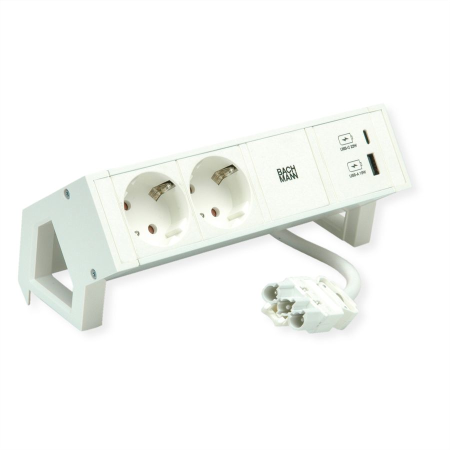 BACHMANN DESK2 ALU WIT 2x geaard stopcontact, USB oplader 22 W A&C, 0,2 m GST18