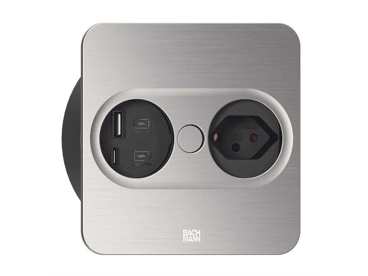 BACHMANN TWIST2 1xCH 1xUSB A/C 22W, L=2.0m AEH T12 stainless steel look square