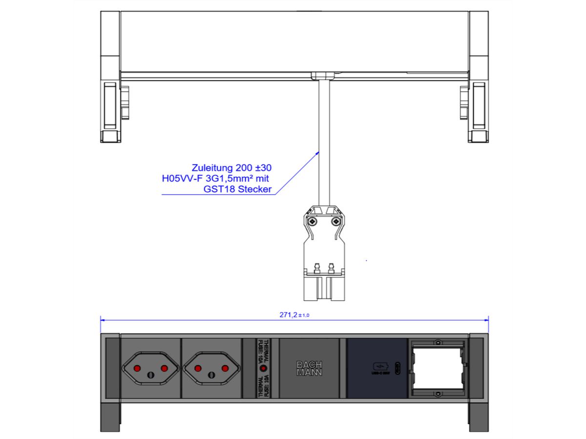 BACHMANN DESK2 2xCH 1xUSB C 30W 1xCM, 0.2m GST18 RAL9010 Switzerland