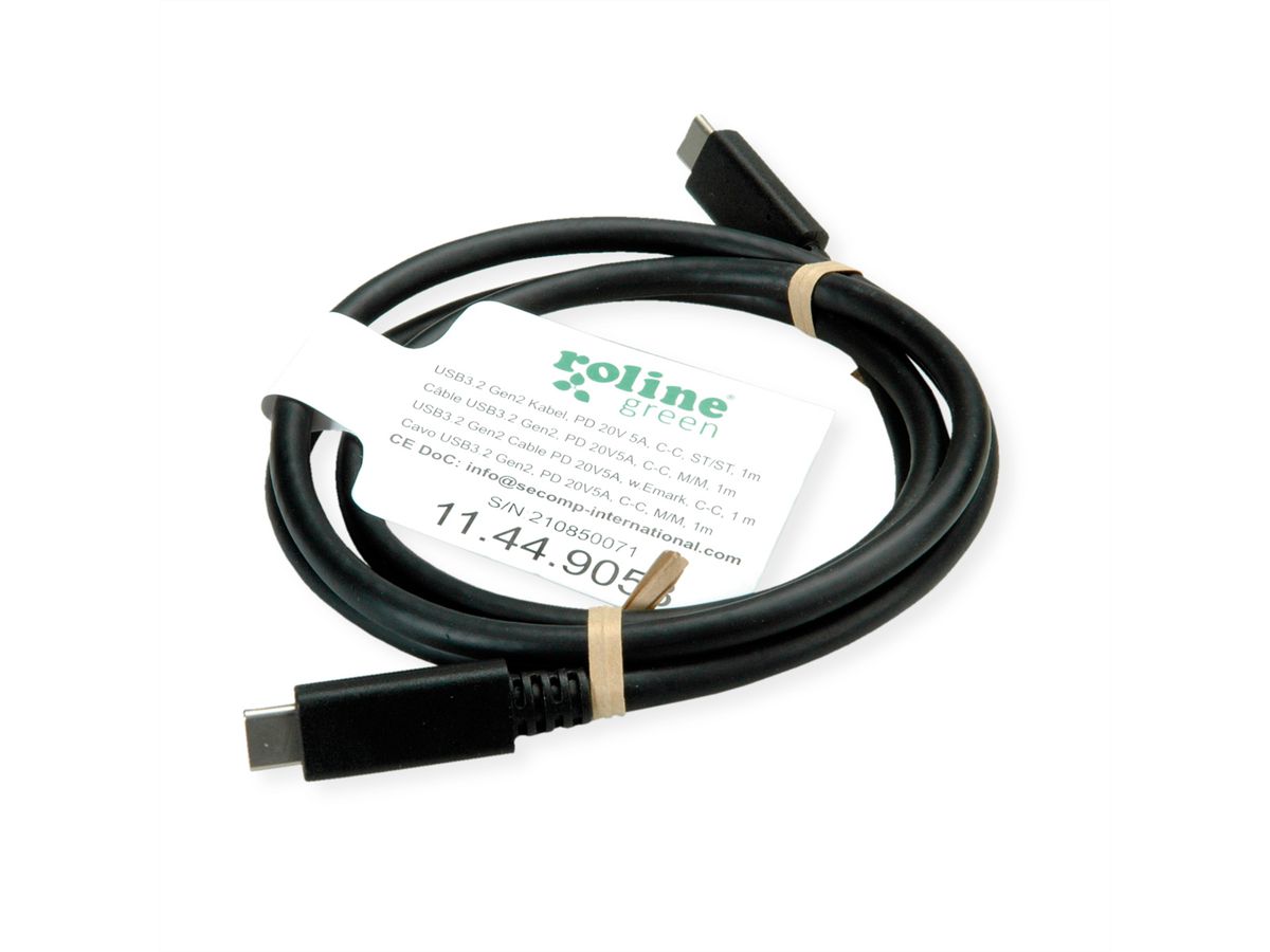 ROLINE GREEN USB 3.2 Gen 2 Cable, PD (Power Delivery) 20V5A, with Emark, C-C, M/M, black, 1 m