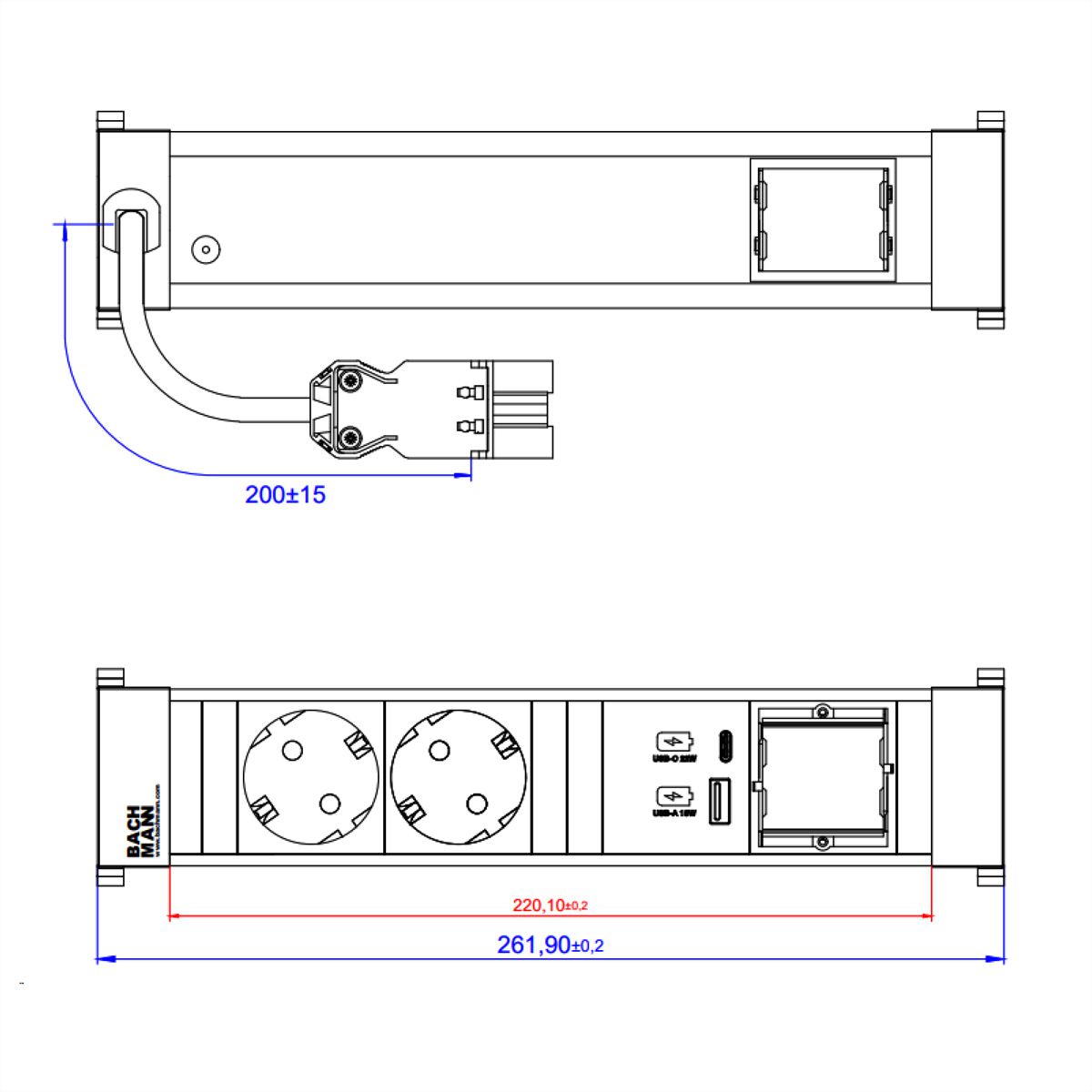 BACHMANN POWER FRAME M 2xCEE7/3, 1xUSB A&C 22W 1xCM 0.2m GST18