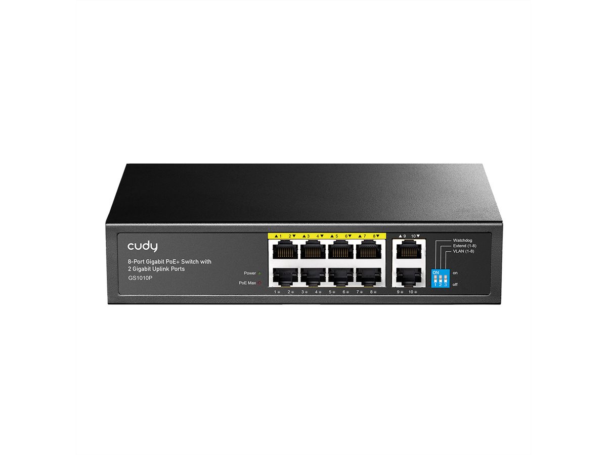CUDY GS1010P 8-Port Gigabit PoE+ Switch mit 2 Gigabit Uplink Ports 120W
