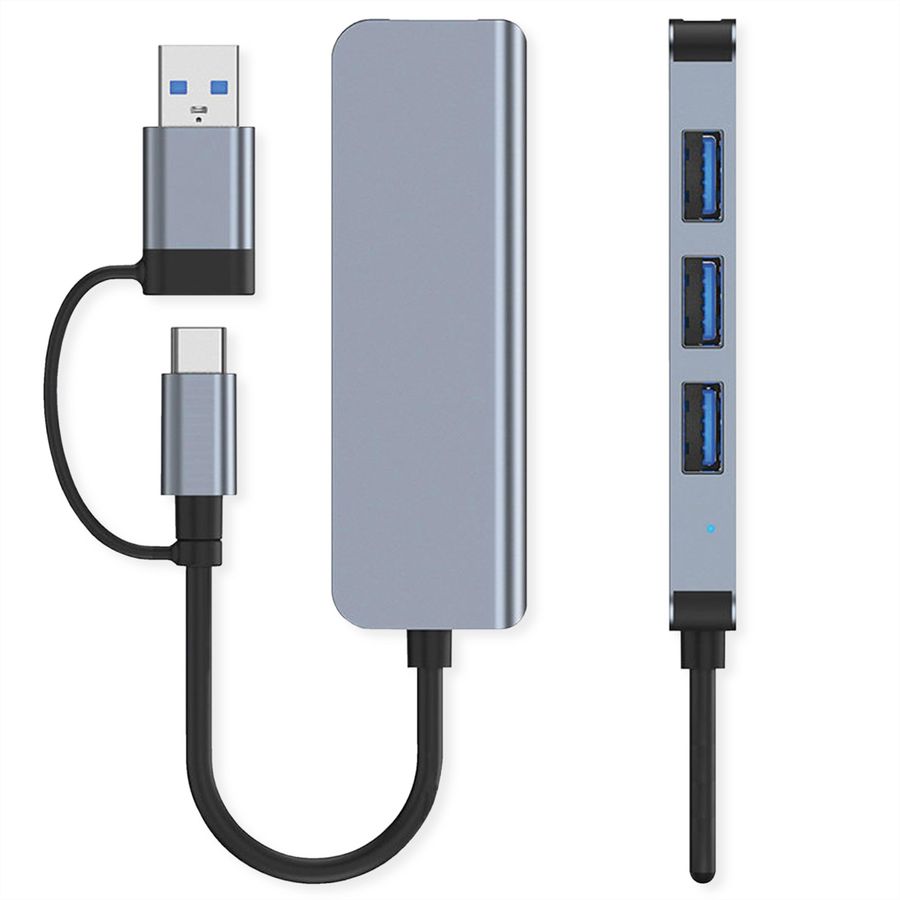 VALUE USB 3.2 Gen 1 Metal Hub, 4-Port Type-A, (1x USB 3.2 Gen 1 + 3x USB 2.0), type A+C-aansluitkabel