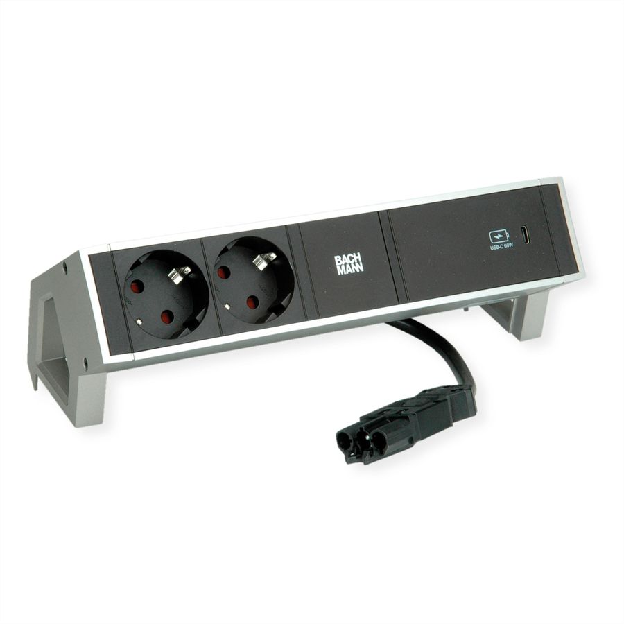 BACHMANN DESK2 2xprotective contact USB C, USB Charger 60W 0.2m GST18 INOX