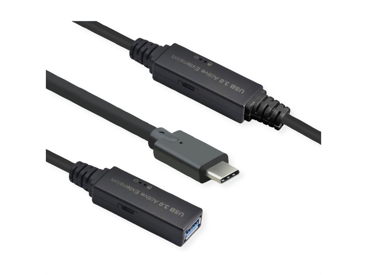 ROLINE USB 3.2 Gen 1 Actieve Repeater kabel, Type A - C, zwart, 10 m