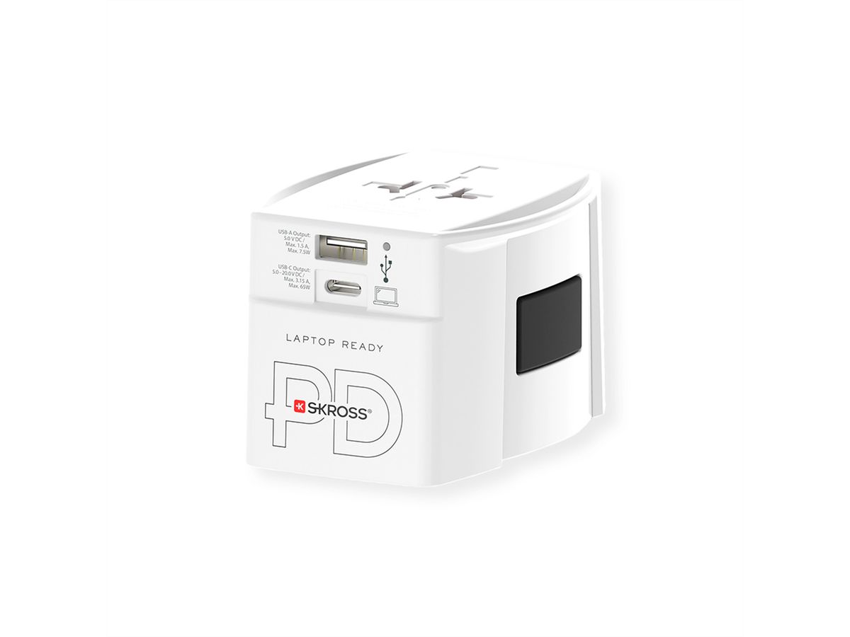 Skross MUV USB AC65PD World Travel Adapter with USB C Cable, worldwide