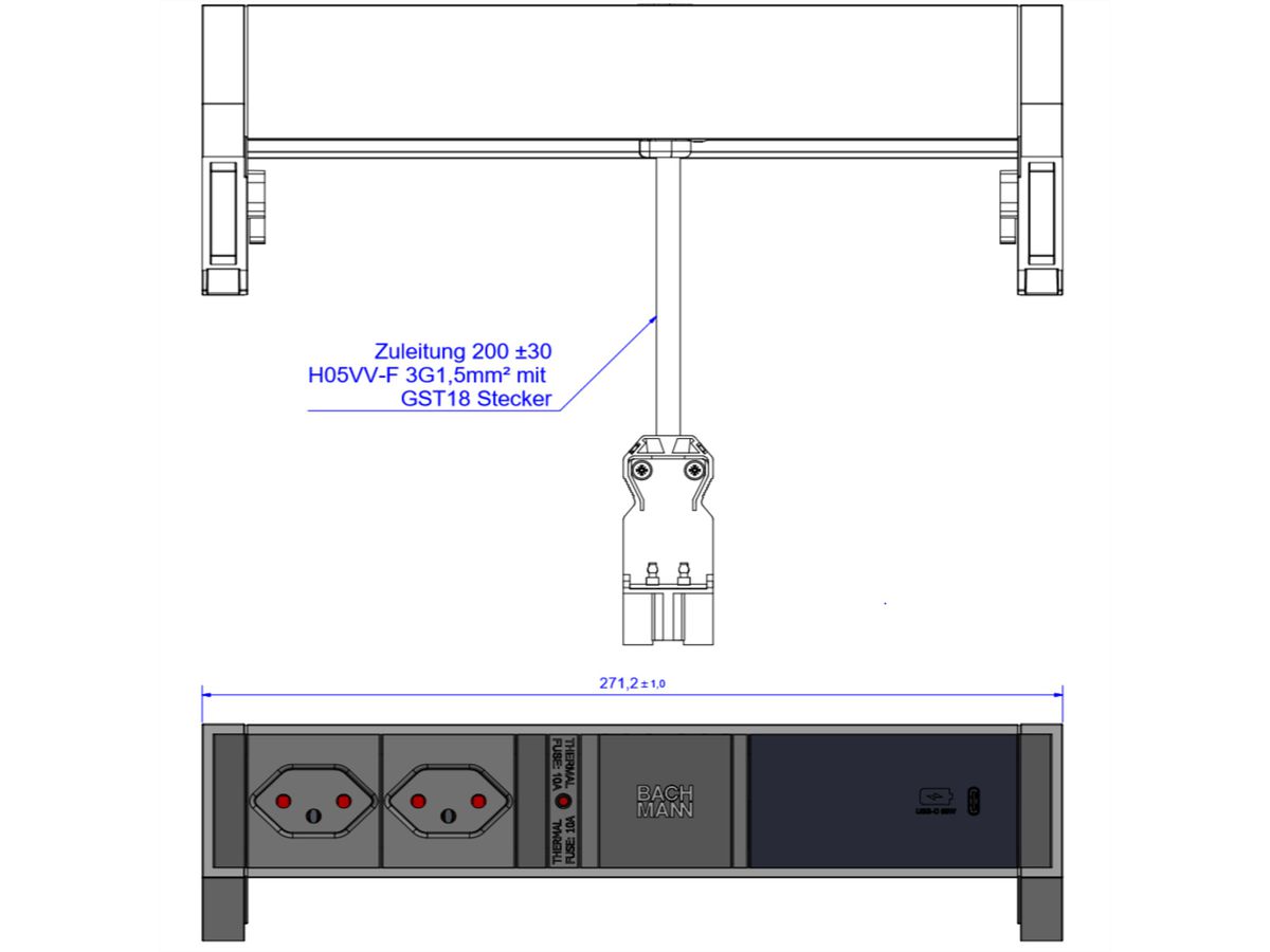 BACHMANN DESK2 2xCH 1xUSB C 60W 0,2m, GST18 RAL9005 Zwitserland