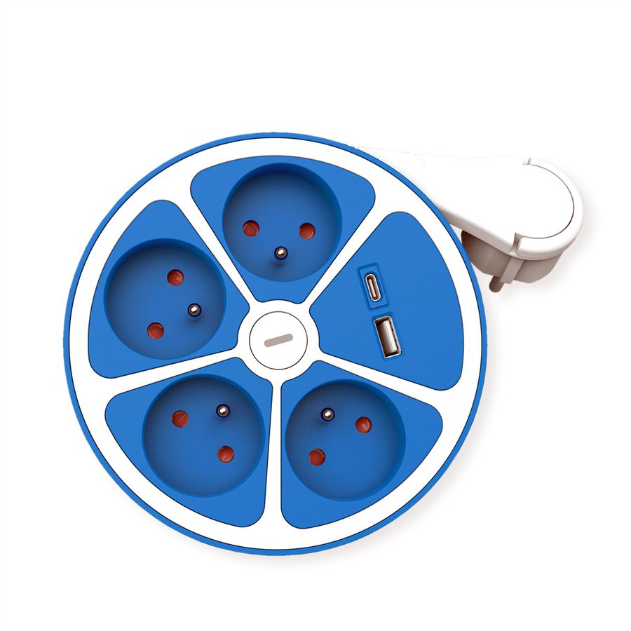 ROLINE 4-voudige stekkerdoos met schakelaar, rond, UTE-uitvoering, blauw, 3 m