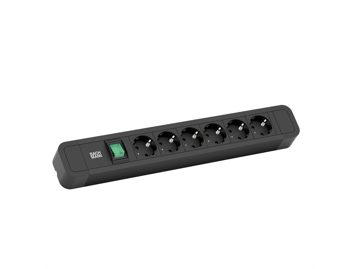 BACHMANN PRIMO2 socket strip 6x earthing contact, aluminium, switch, black, 2 m
